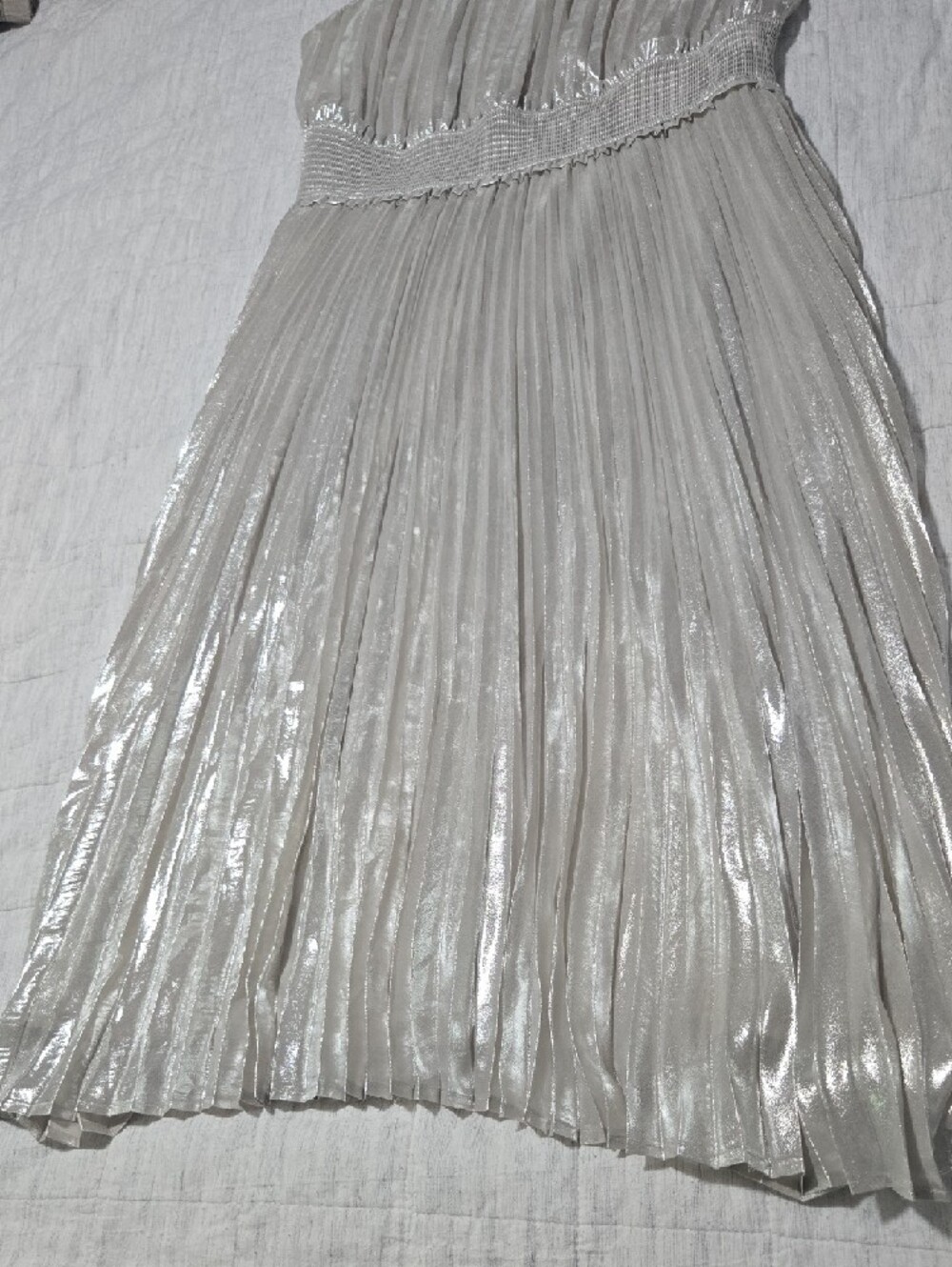 Express Metallic Pleated Halter Dress - Silver/Cream - Picture 4 of 13